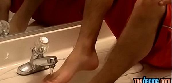  Adorable homo cums on freshly washed feet after wanking solo